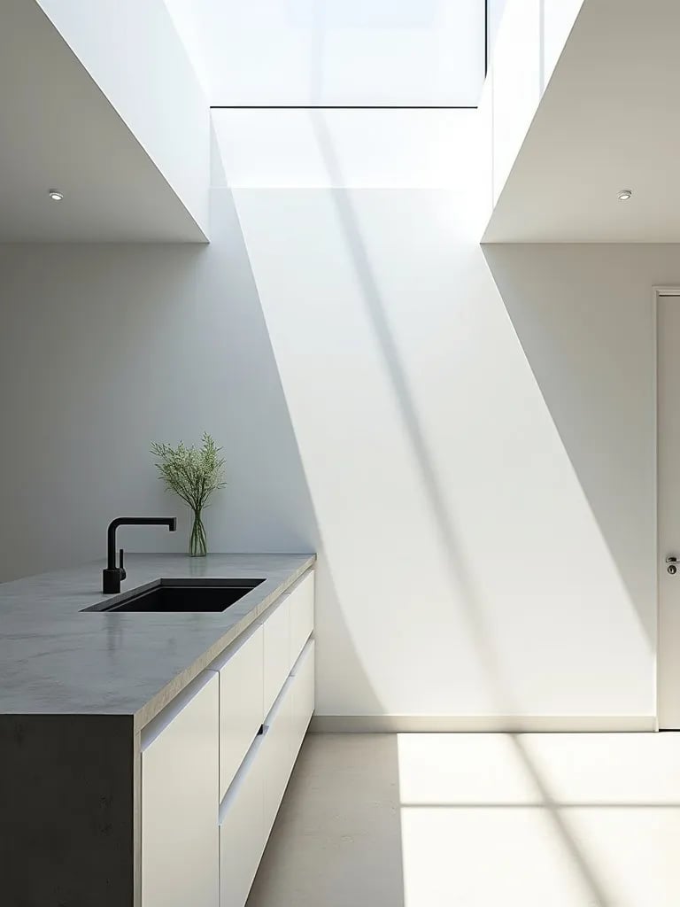 Contemporary white kitchen with gray concrete waterfall countertop and skylight