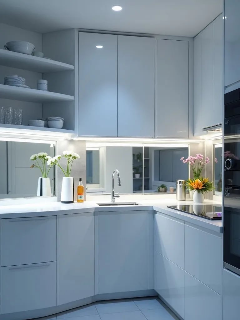 Contemporary white kitchen with mirrored backsplash and LED lighting at night
