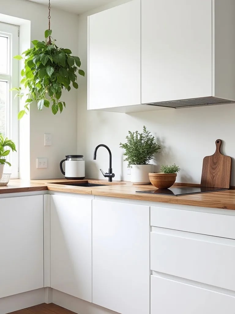 Contemporary white kitchen with reclaimed wood countertops and vertical herb garden