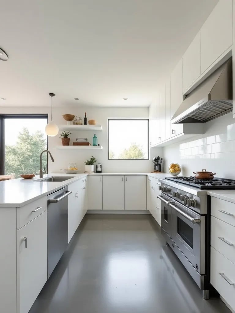 Contemporary white kitchen with stainless steel and polished concrete floors
