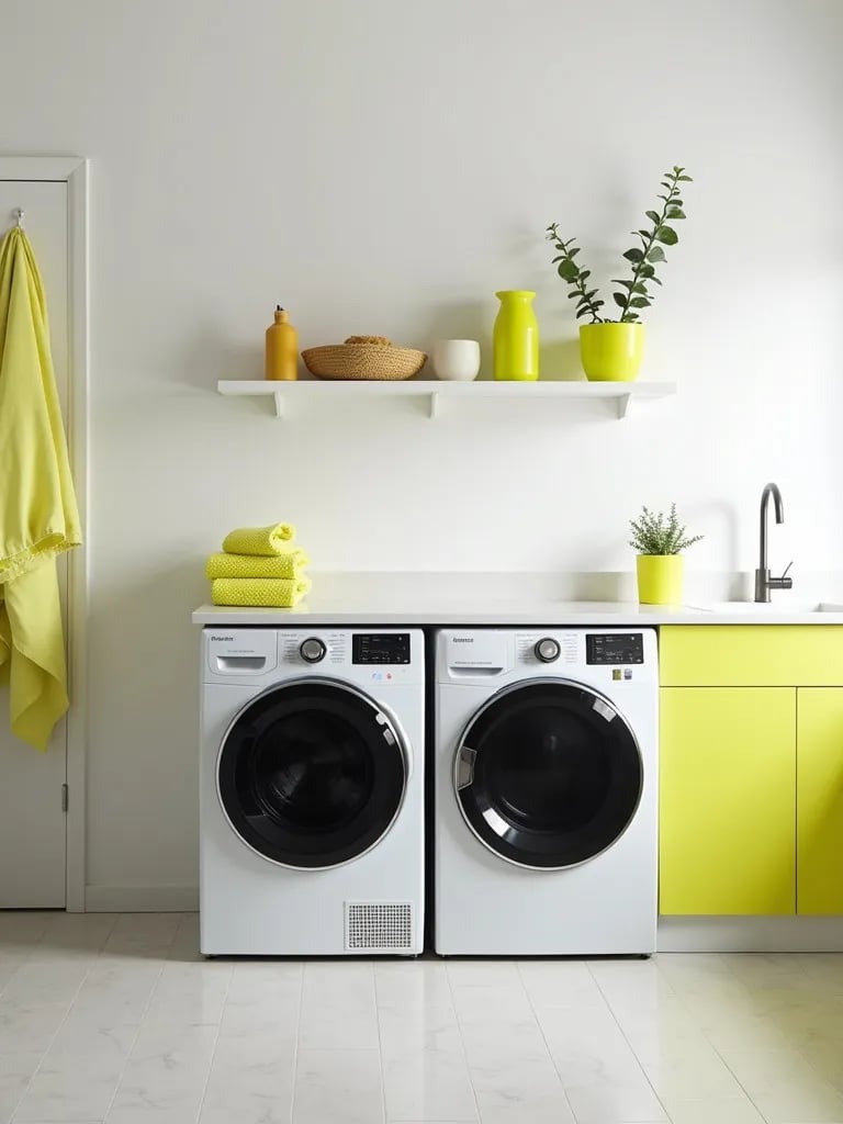 Contemporary white laundry room with neon yellow accessories and black appliances