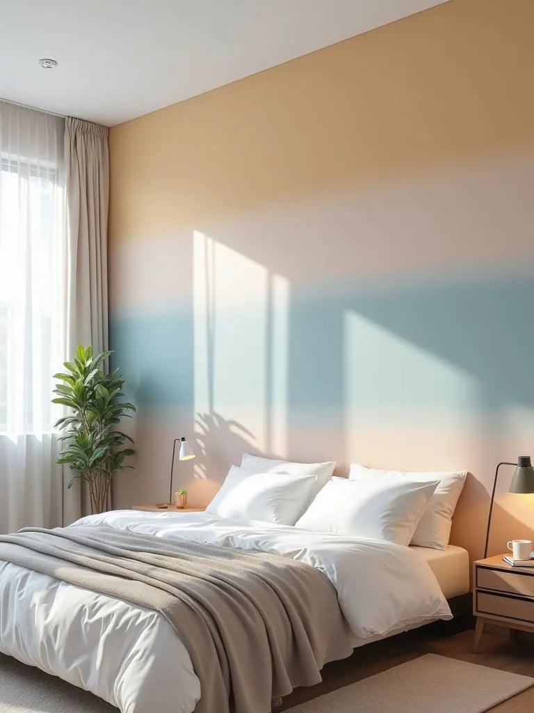 Cool toned bedroom featuring ombre wall painting technique in progress