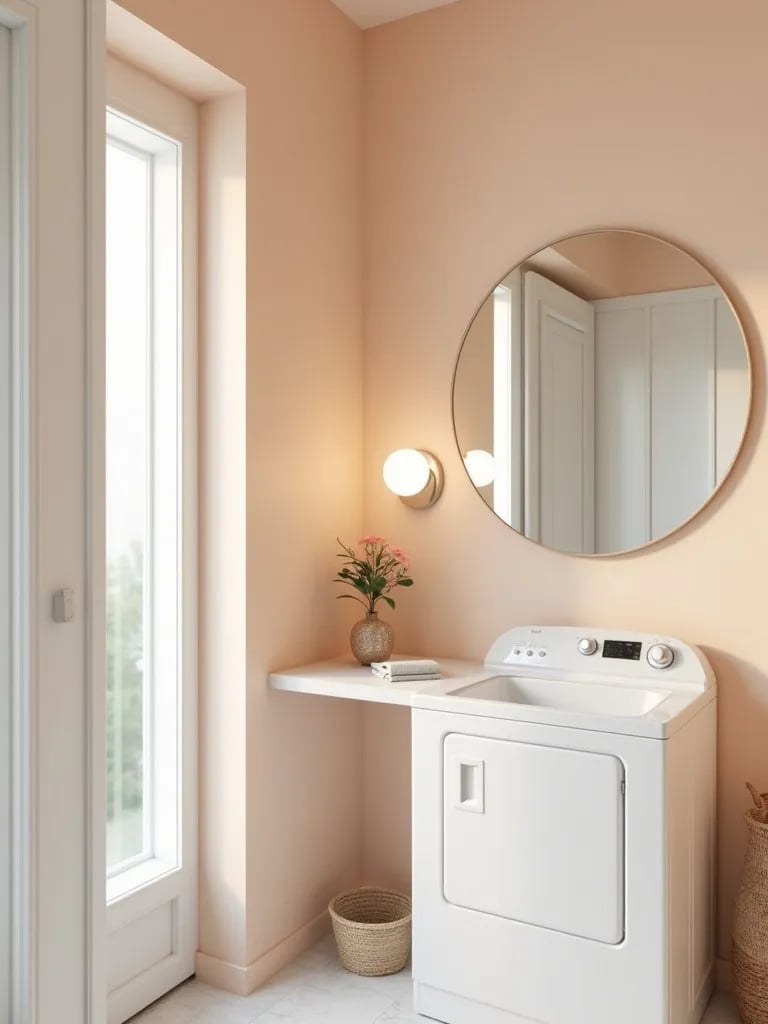 Corner laundry room with peach walls, white trim, and large round mirror