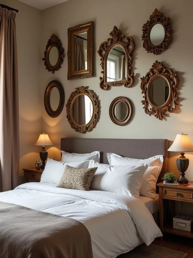 Corner view of bedroom featuring diverse mirror gallery wall