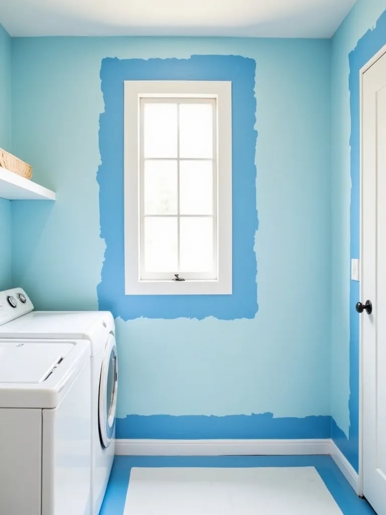 Corner view of laundry room showing painter’s tape application