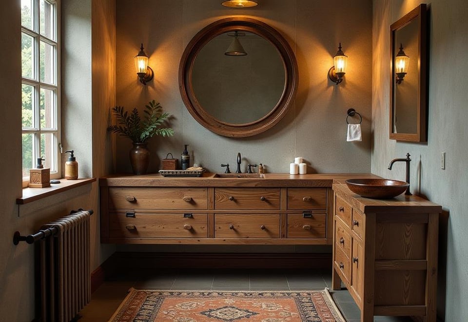 Corner view of rustic bathroom with wooden vanity and industrial lighting