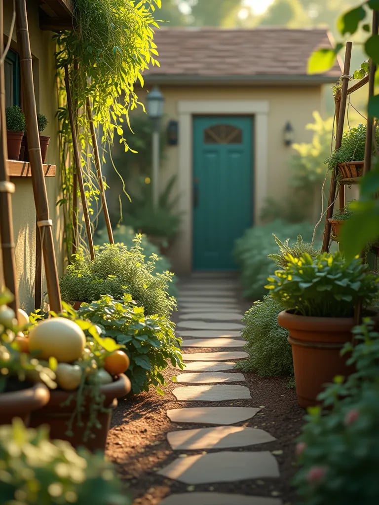 Cottage backyard with container vegetables on rustic wooden trellises