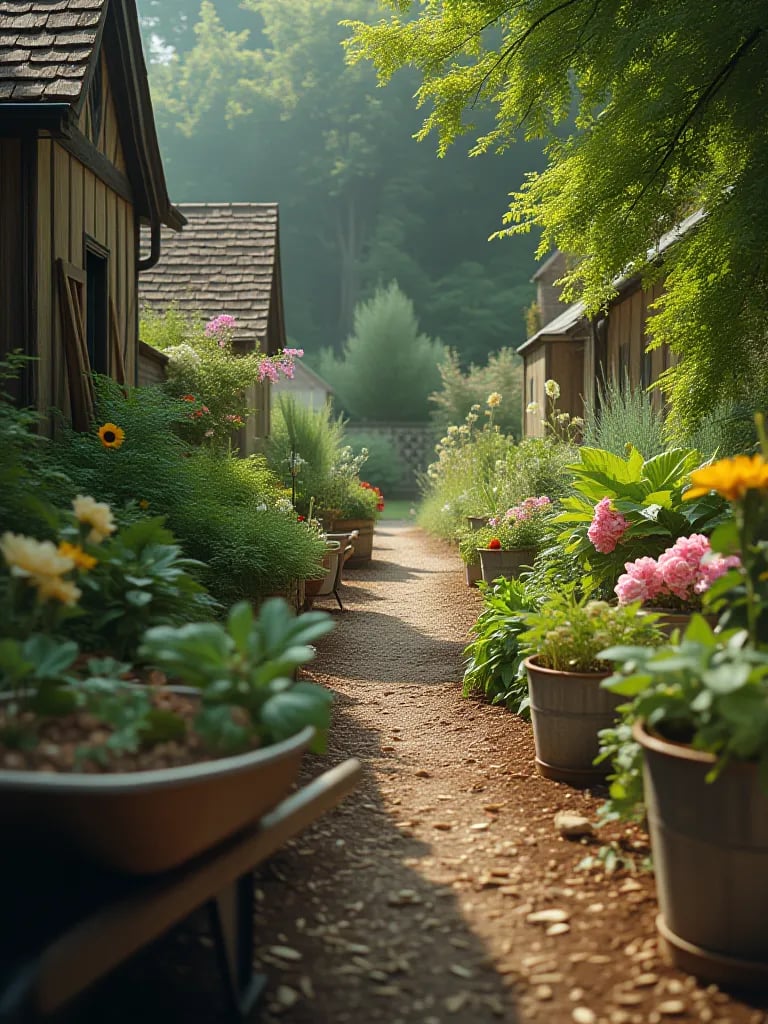 Cottage garden with upcycled containers filled with vegetables and herbs