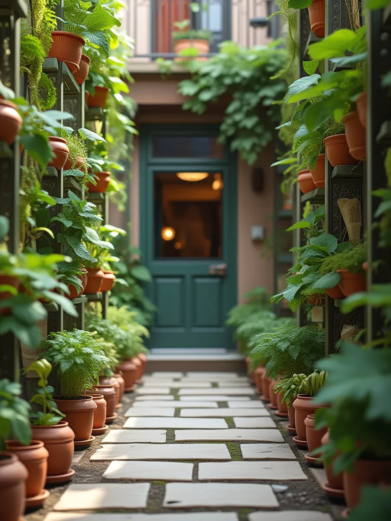Courtyard with colorful pots and vertical systems growing vegetables