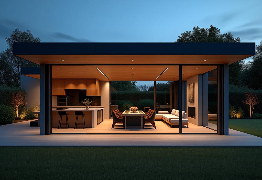 Covered patio with retractable glass walls and outdoor kitchen overlooking garden