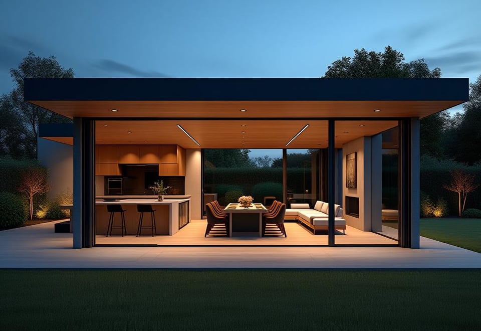 Covered patio with retractable glass walls and outdoor kitchen overlooking garden