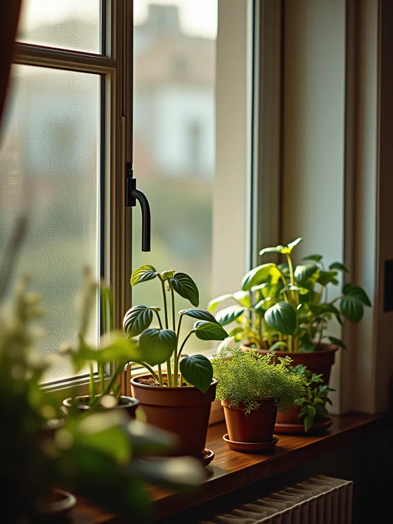 Cozy apartment windowsill garden with various small vegetable pots