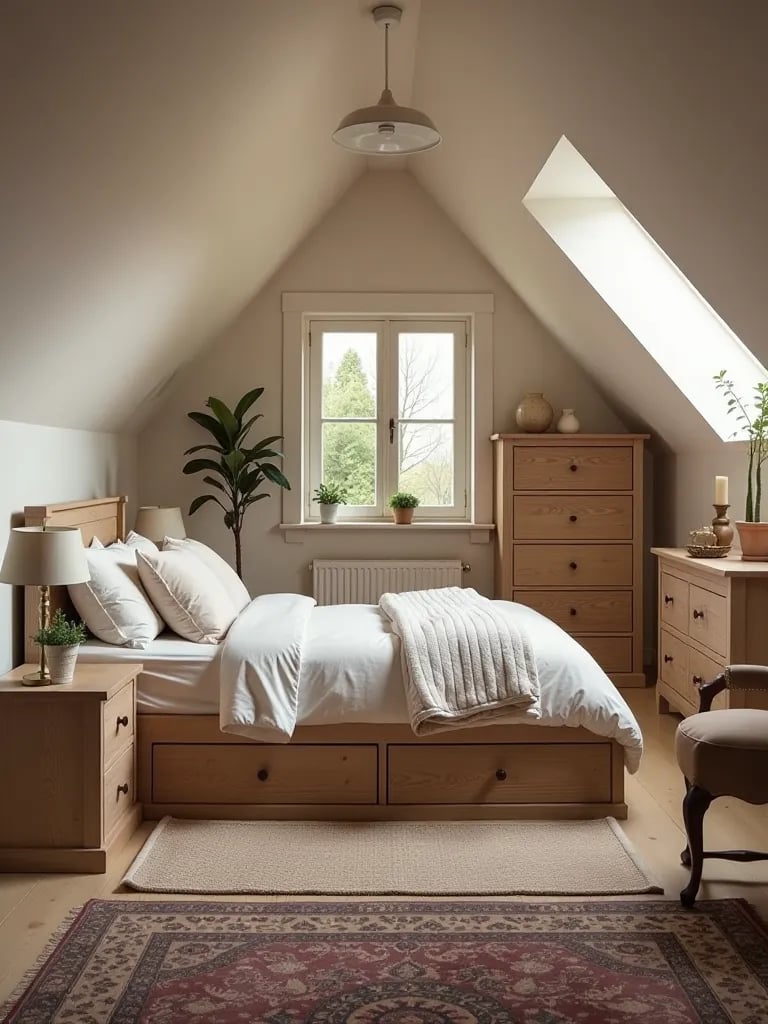 Cozy attic bedroom featuring custom storage in slanted walls
