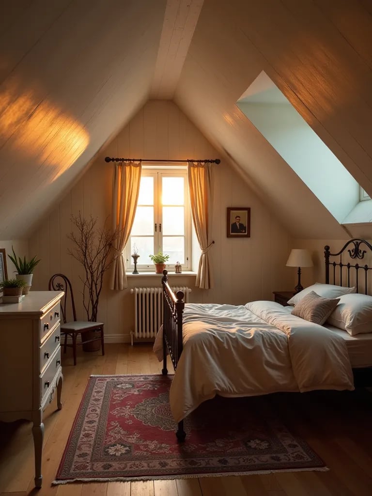 Cozy attic bedroom with slanted ceilings and reading nook