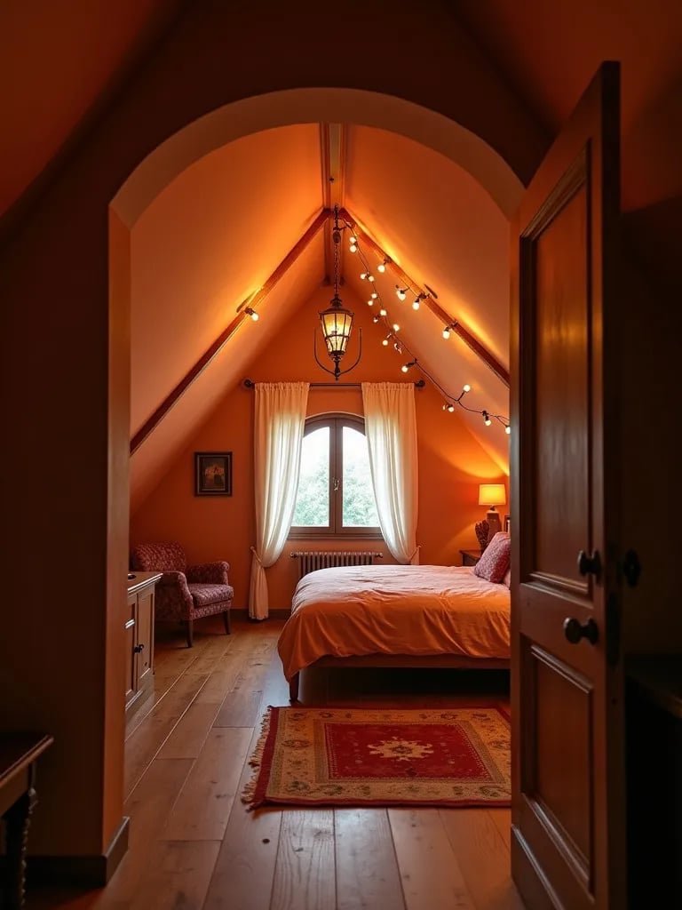 Cozy attic bedroom with terracotta walls and string lights