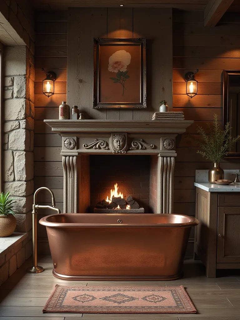 Cozy bathroom with copper tub, wood walls, and fireplace