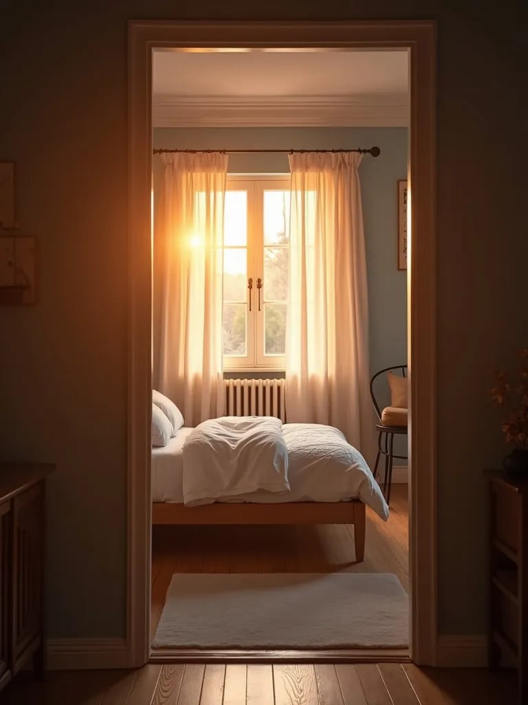Cozy bedroom bathed in warm sunset light with soft blue walls
