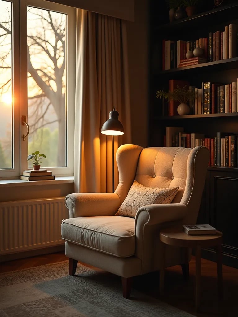 Cozy bedroom corner with reading nook and bookshelf during golden hour