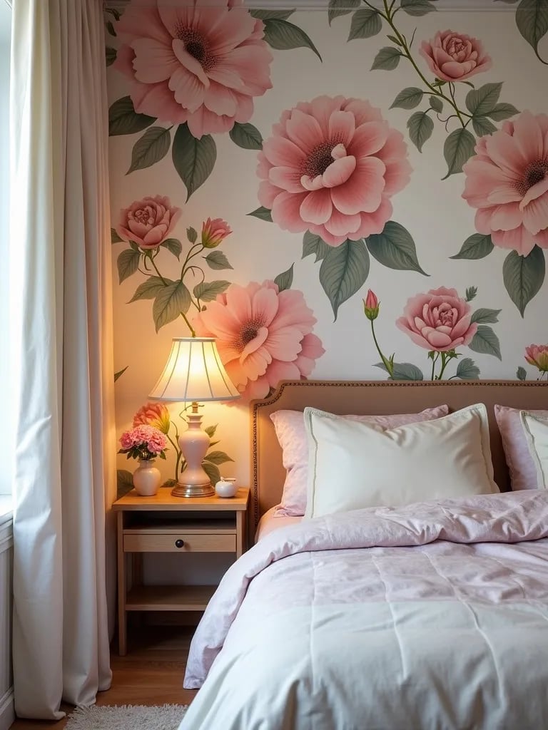 Cozy bedroom featuring dramatic floral wall mural