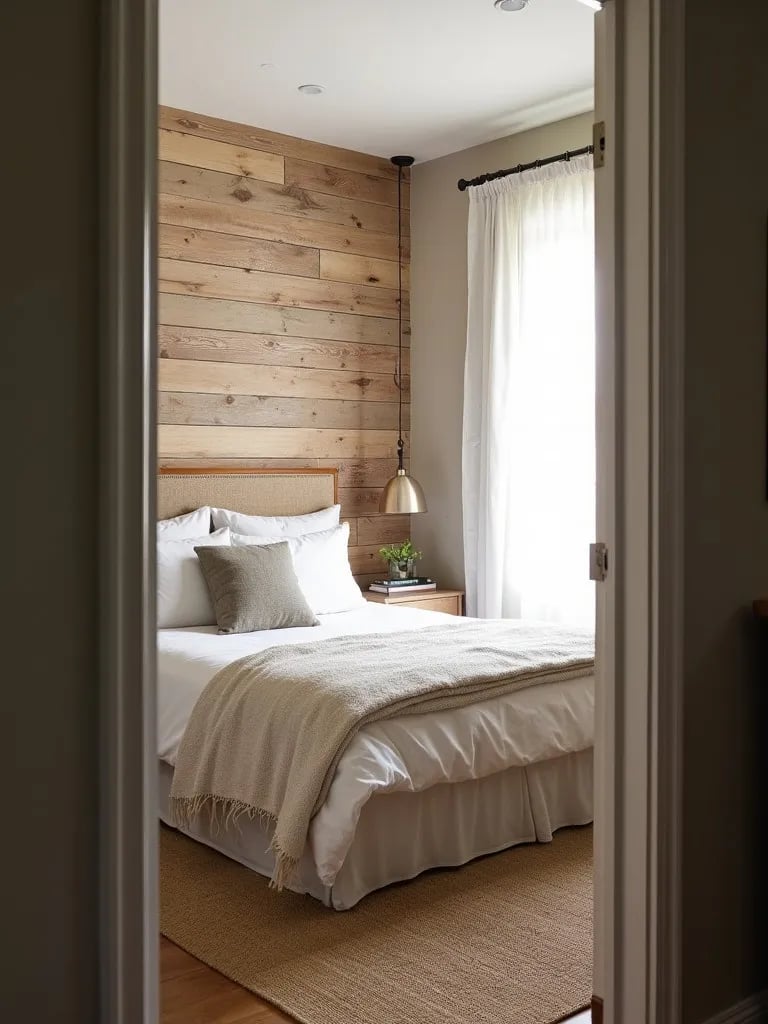 Cozy bedroom featuring rustic wooden plank wall behind bed