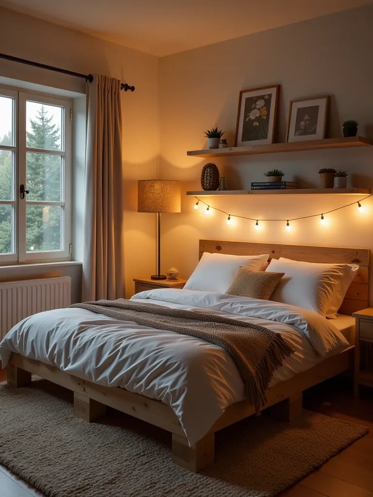 Cozy bedroom with handmade pallet bed frame and floating shelves