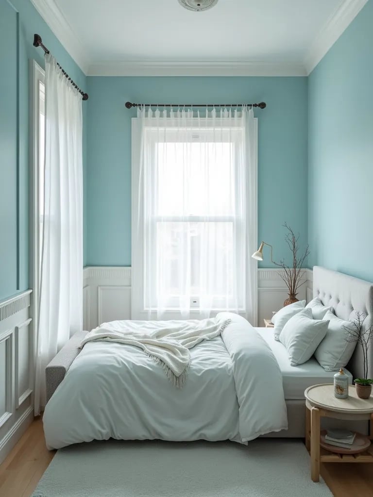 Cozy bedroom with light blue walls, white trim, and large window