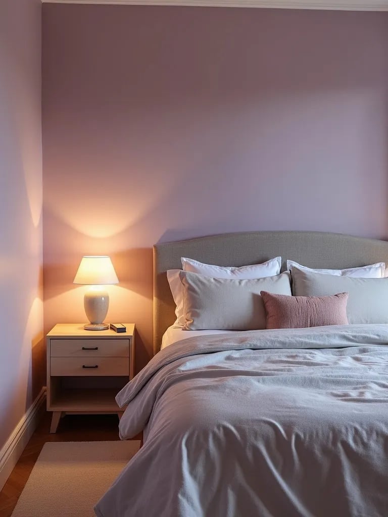 Cozy bedroom with matte lavender walls and warm lighting
