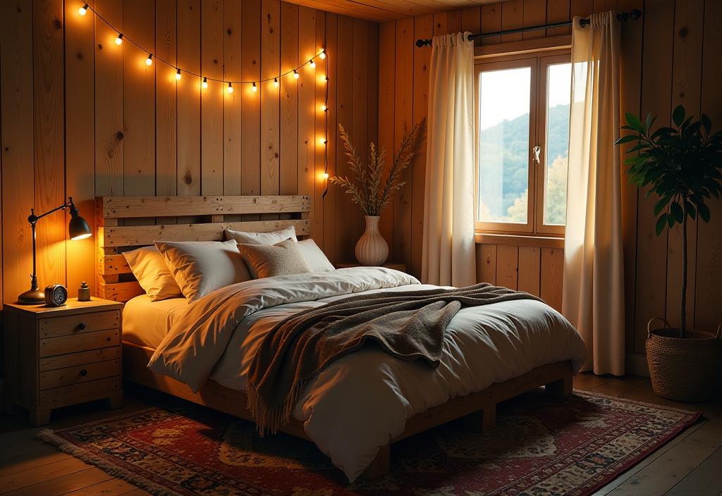 Cozy bedroom with pallet bed frame and repurposed wooden crate nightstands