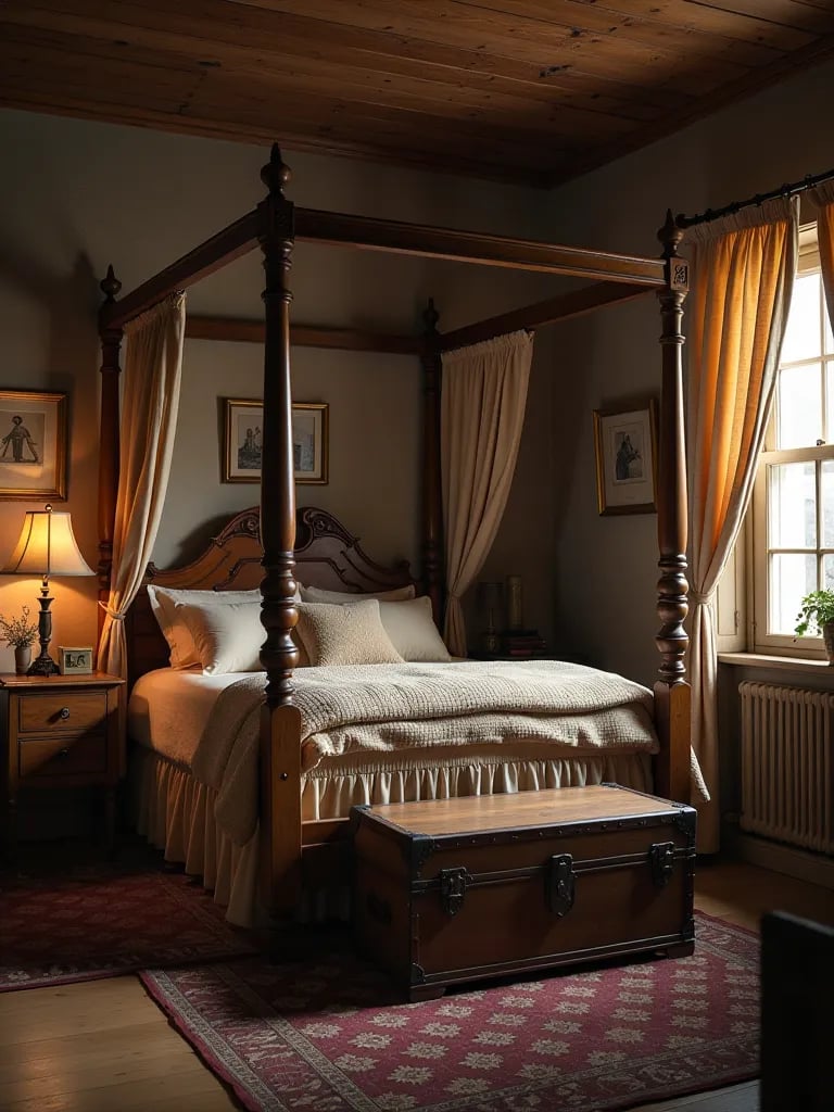 Cozy bedroom with rustic wooden furniture and ambient lighting from low angle