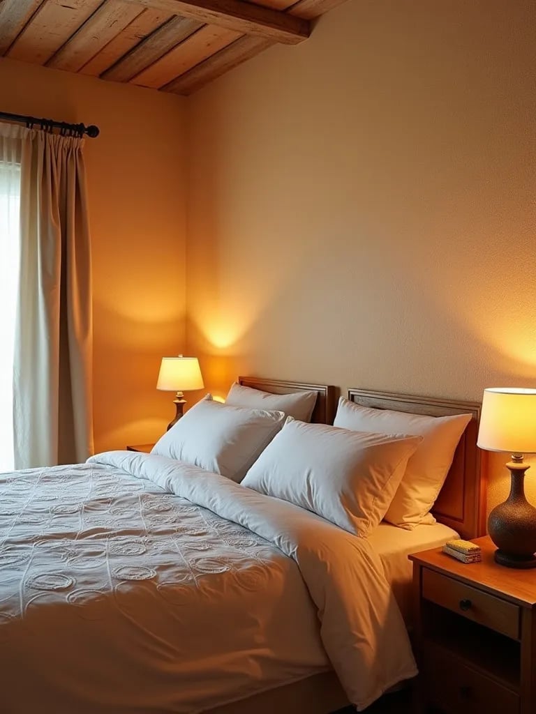 Cozy bedroom with textured walls and specialty painting tools visible