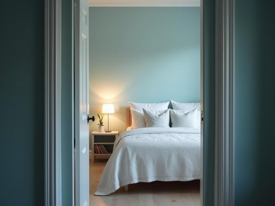 Cozy bedroom with warm lighting and pale blue walls