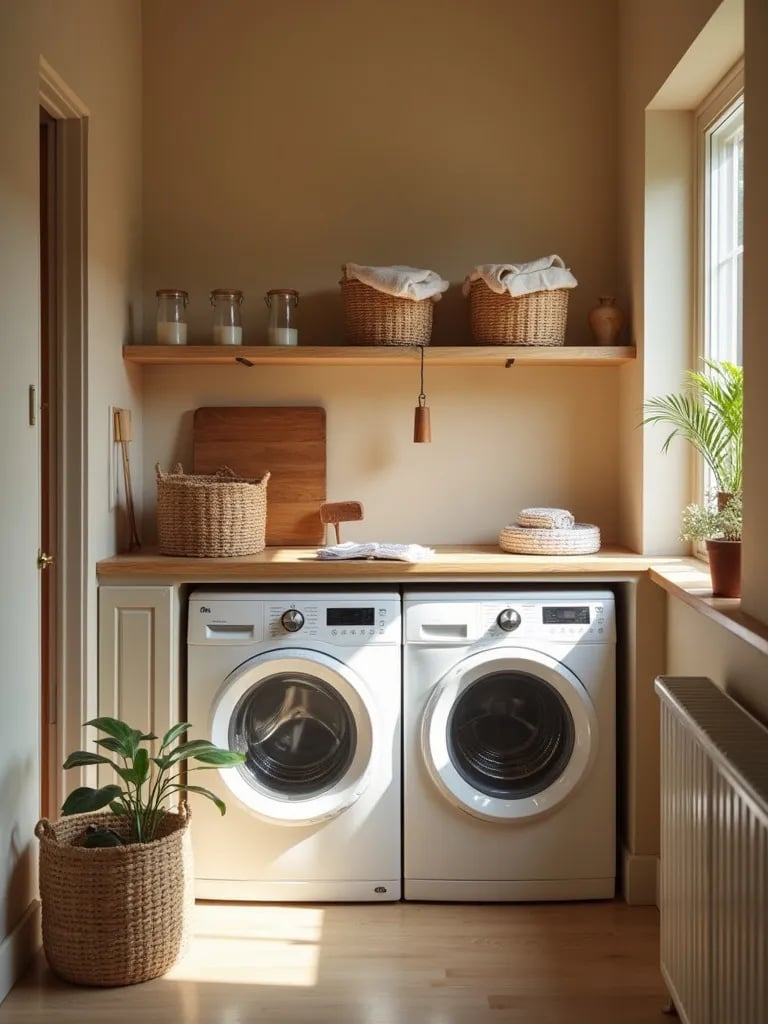 Cozy beige laundry nook with woven baskets and wooden countertop