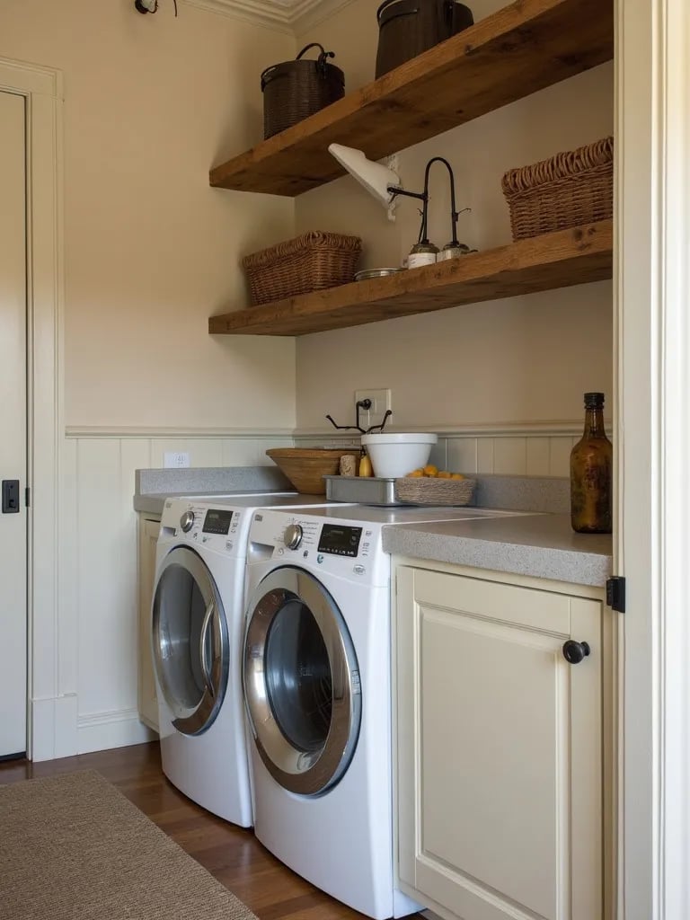Cozy beige laundry room with farmhouse style elements and vintage appliances