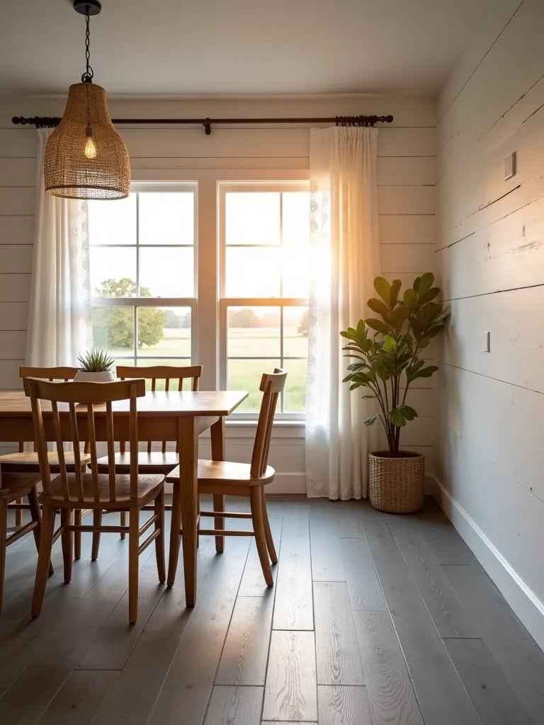 Cozy dining area with weathered look vinyl floors and shiplap walls