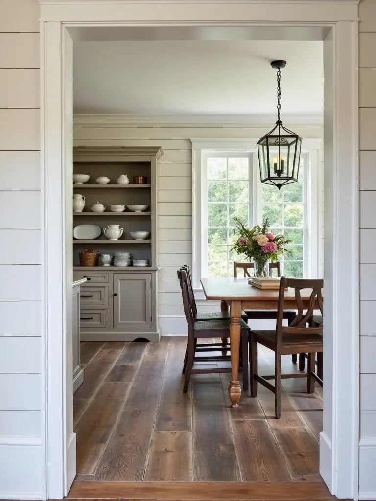 Cozy dining area with wood look ceramic tiles and shiplap walls in farmhouse style