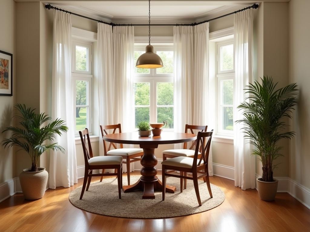 Cozy dining nook with honey toned hardwood floors and bay window