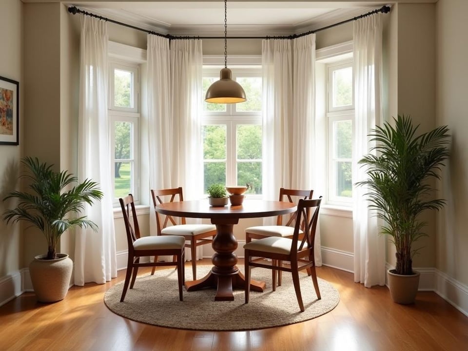 Cozy dining nook with honey toned hardwood floors and bay window