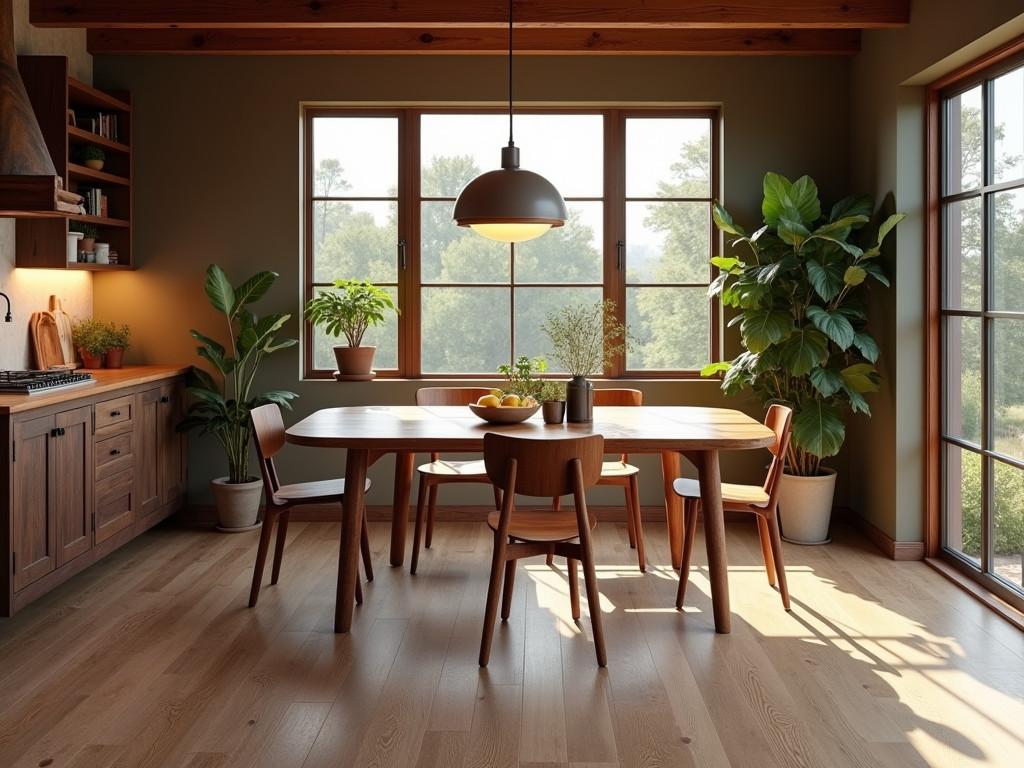 Cozy dining room with rustic table on vinyl plank flooring