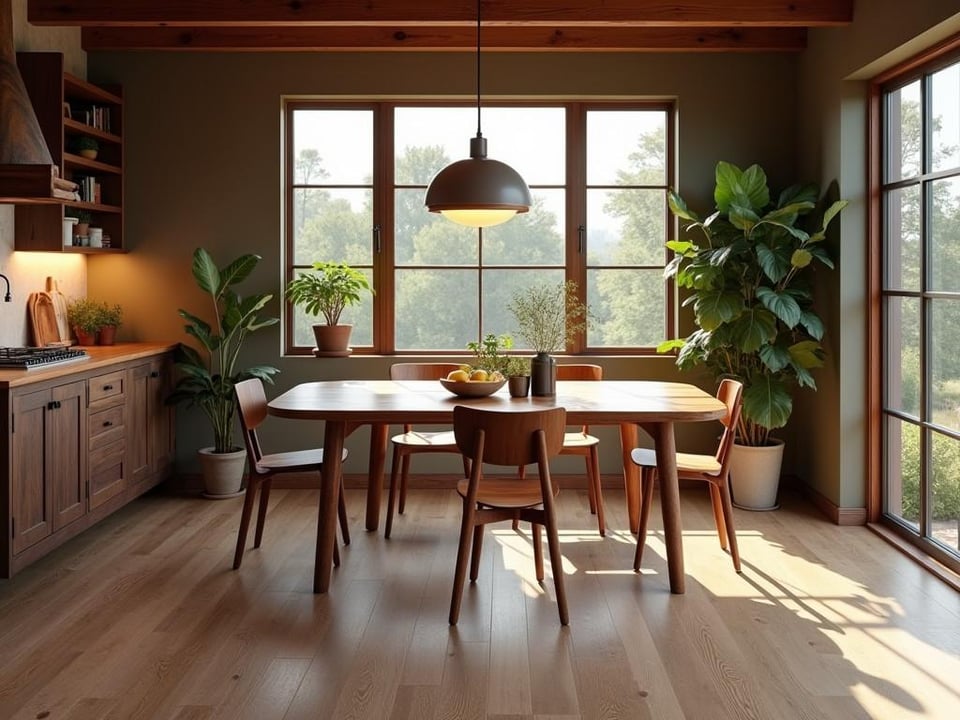 Cozy dining room with rustic table on vinyl plank flooring