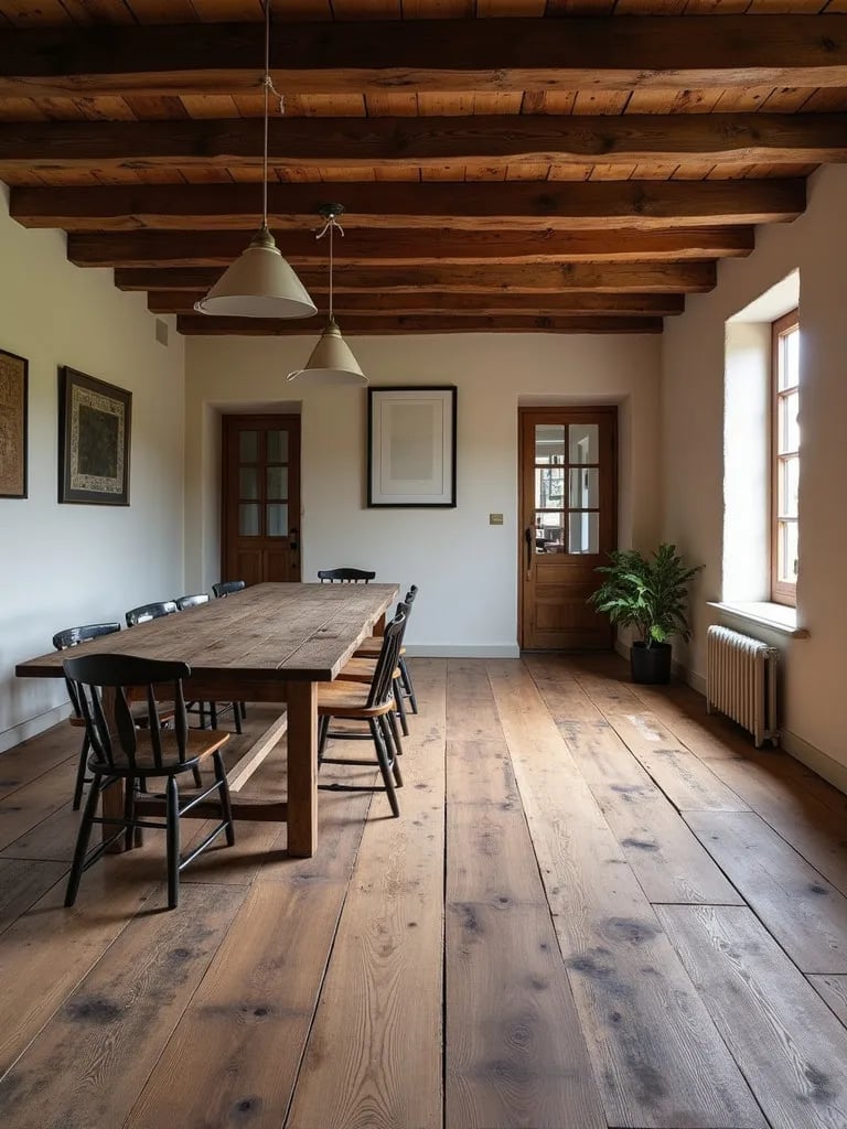Cozy dining space featuring wide plank reclaimed wood floors