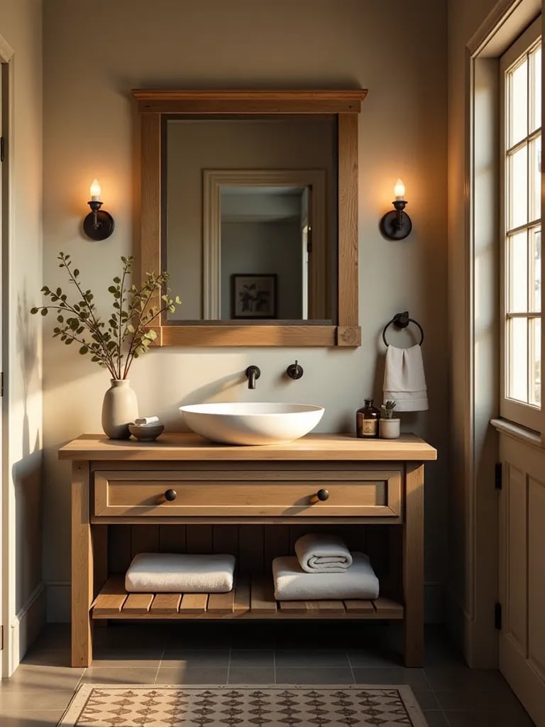 Cozy farmhouse bathroom featuring rustic wood vanity and white vessel sink