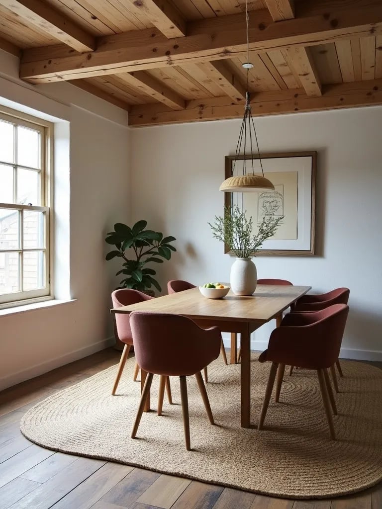 Cozy farmhouse dining area featuring reclaimed wood flooring and rustic decor
