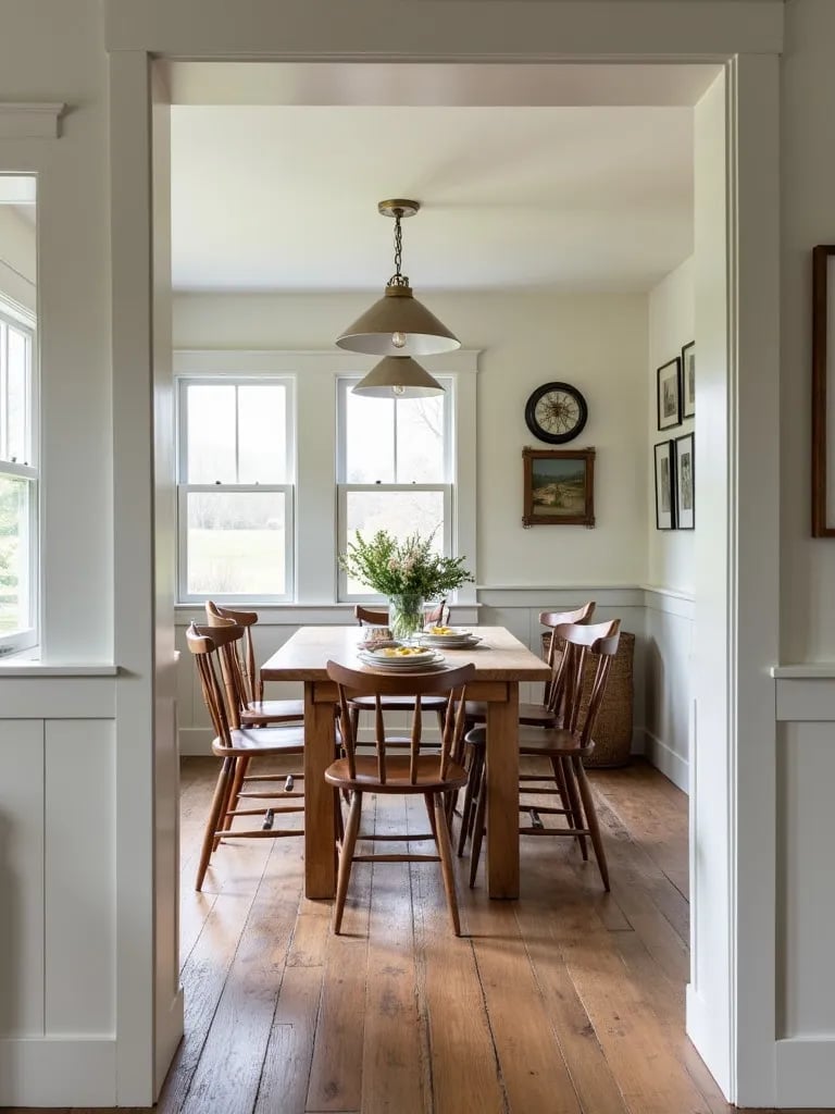 Cozy farmhouse dining room with distressed pine hardwood flooring