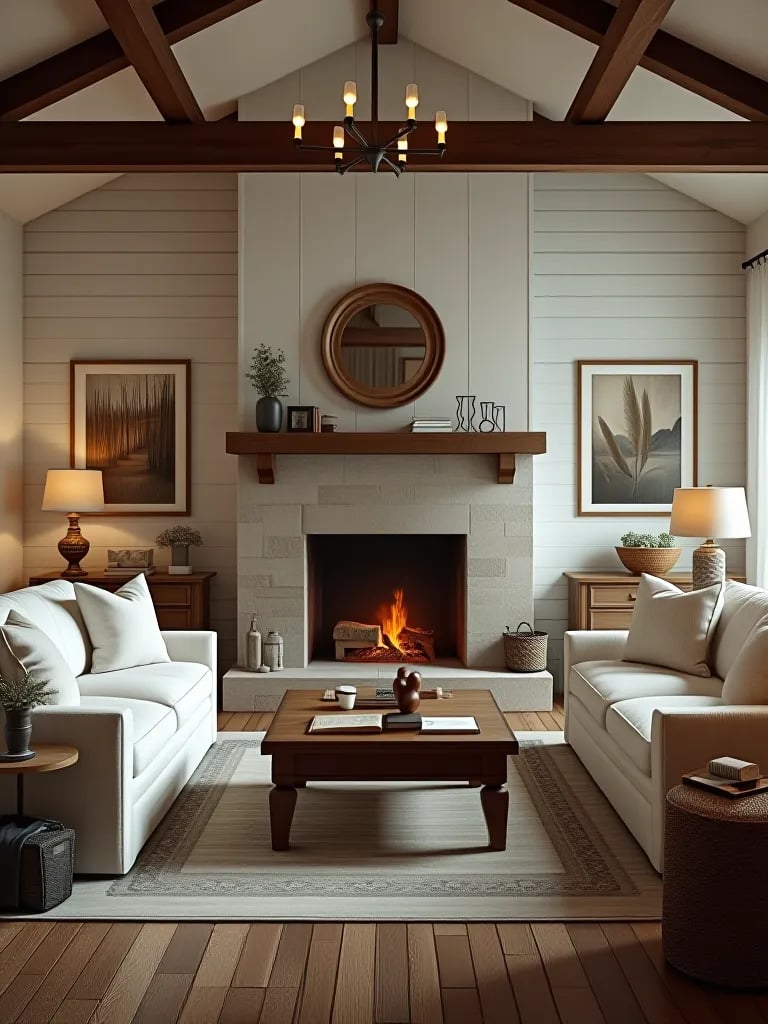 Cozy farmhouse inspired space featuring shiplap wallpaper and neutral furnishings