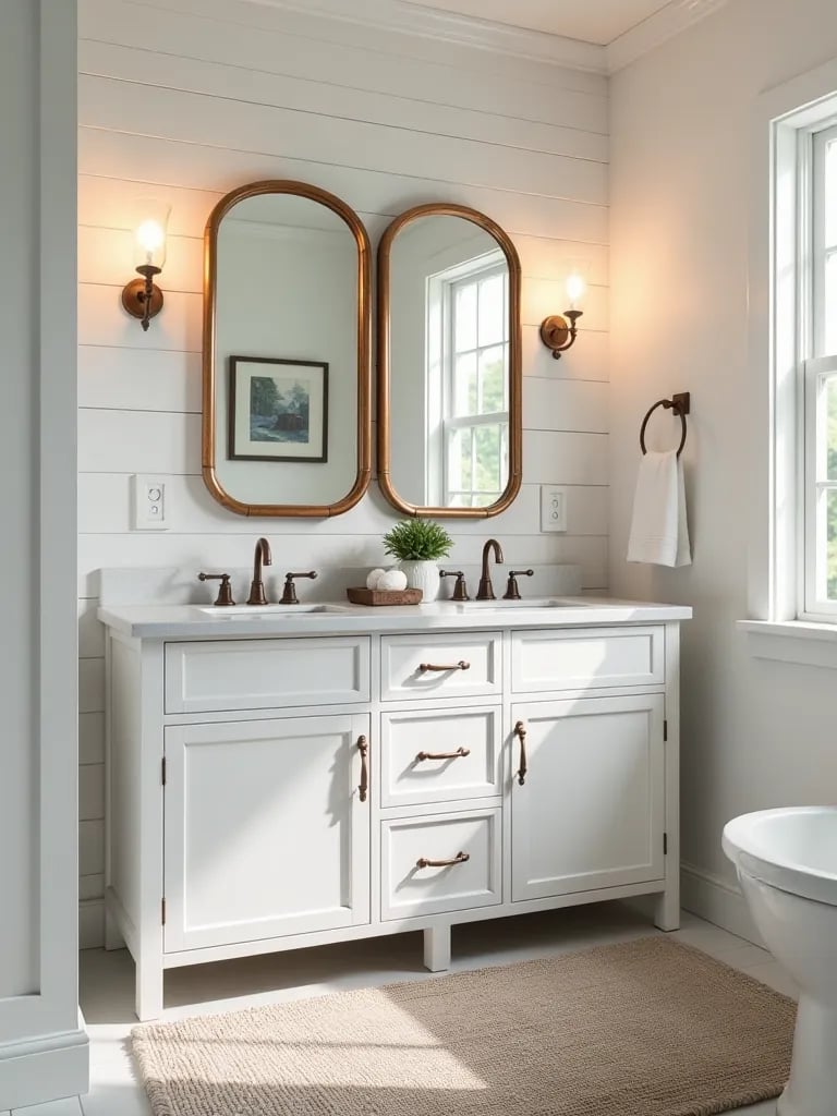 Cozy farmhouse style bathroom featuring white double vanity and rustic accents