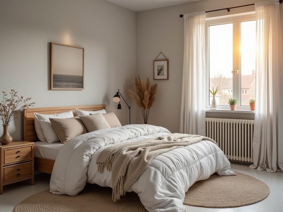 Cozy gray Scandinavian bedroom with textured bedding