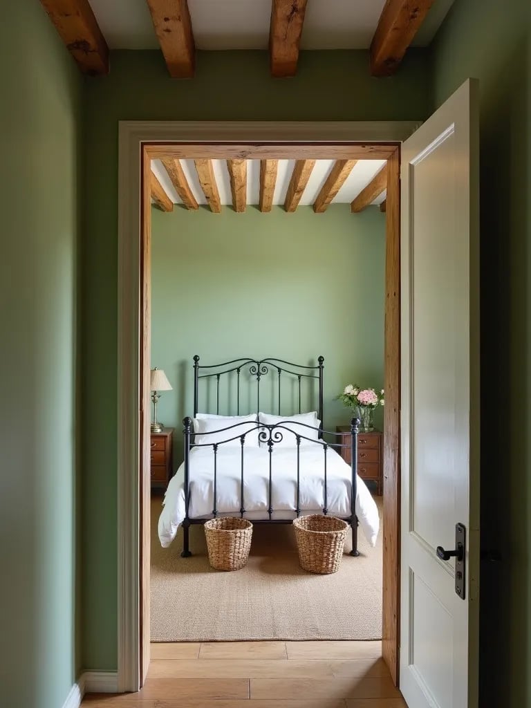 Cozy green bedroom with rustic elements and white bedding