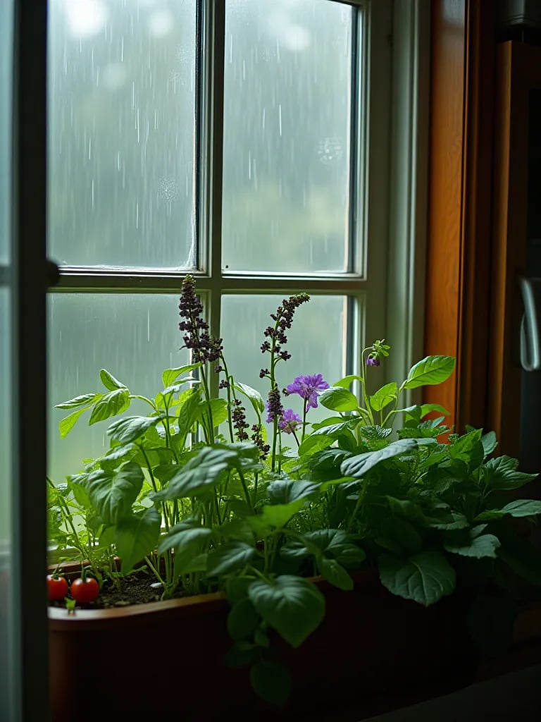 Cozy kitchen view of window box container garden with herbs and pest deterrents