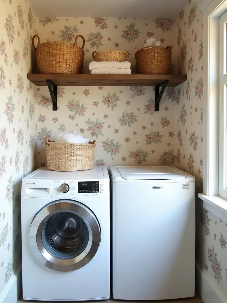 Cozy laundry area with vintage inspired wallpaper and wooden accents