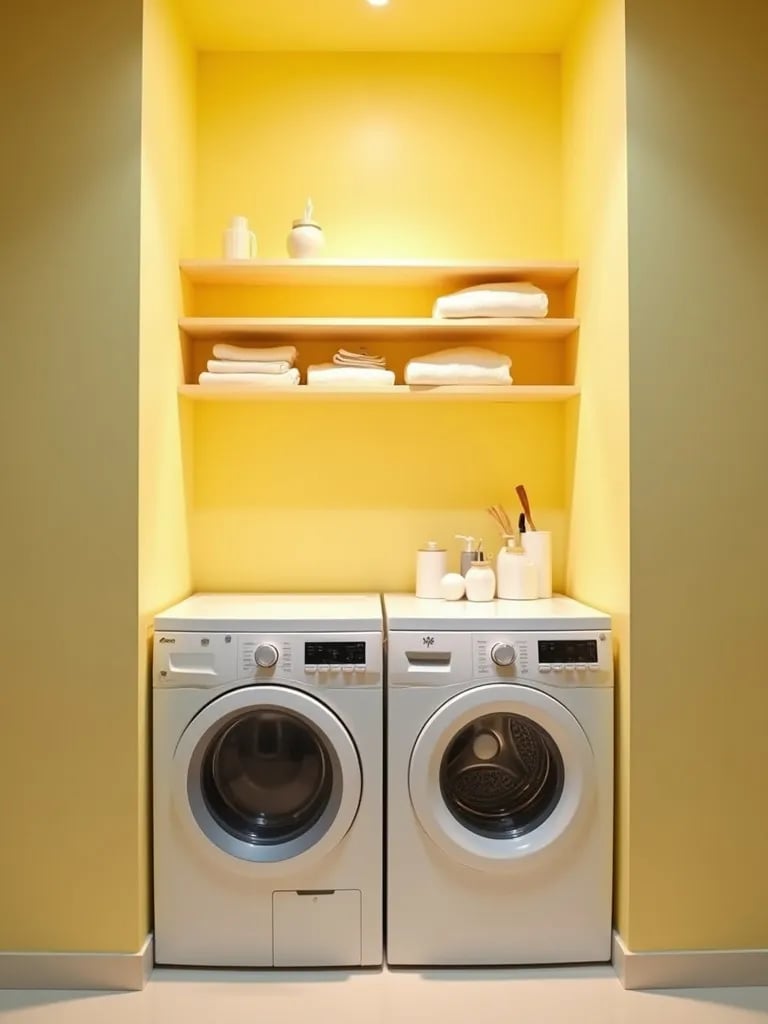 Cozy laundry nook with pale yellow walls and open shelving